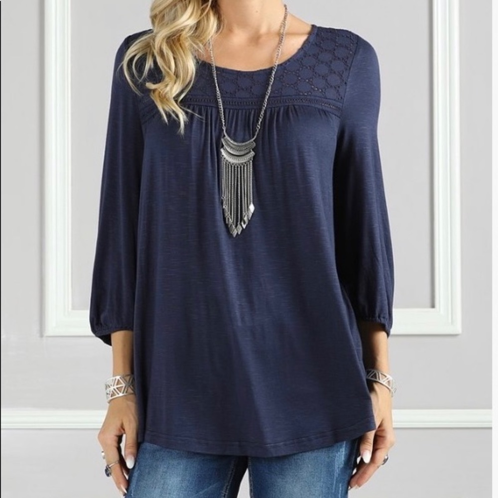 COPY - COPY - Navy Eyelet 3/4 sleeve tunic 1X